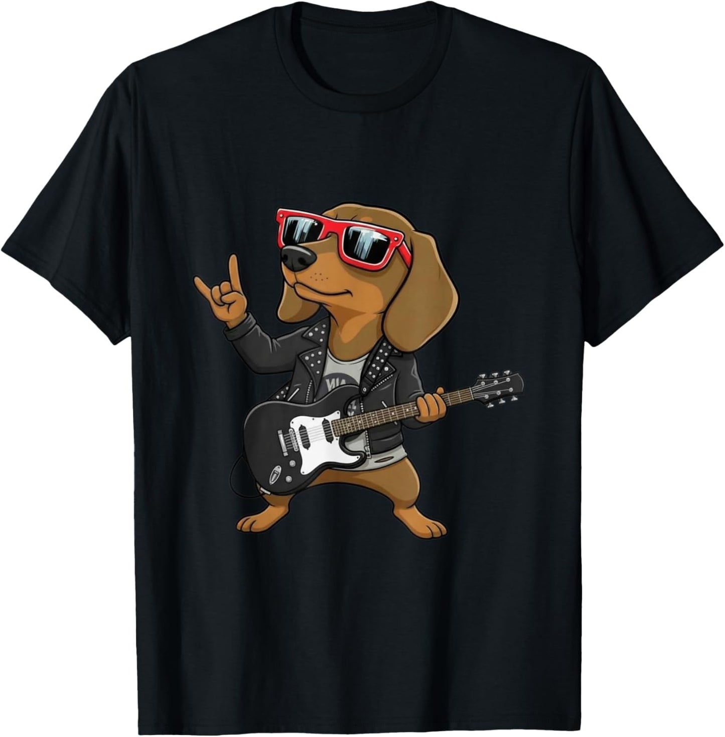 Dachshund Dog Playing Bass Guitar Guitarist Rocker Pose Cool T-Shirt - T-Shirt | Black