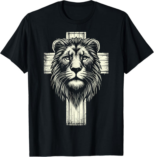 Lion of Judah Christian Lion Cross T-Shirt - T-Shirt | Black