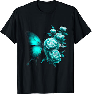 Teal Butterfly Wings Blossoming Floral Turquoise Butterflies T-Shirt - T-Shirt | Black