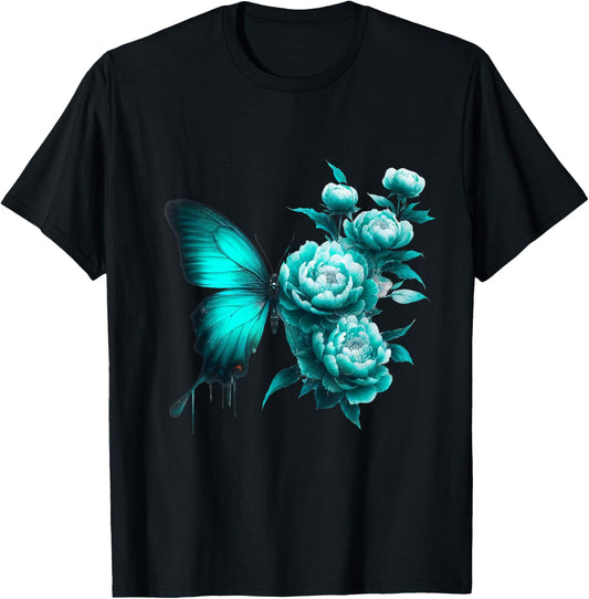 Teal Butterfly Wings Blossoming Floral Turquoise Butterflies T-Shirt - T-Shirt | Black