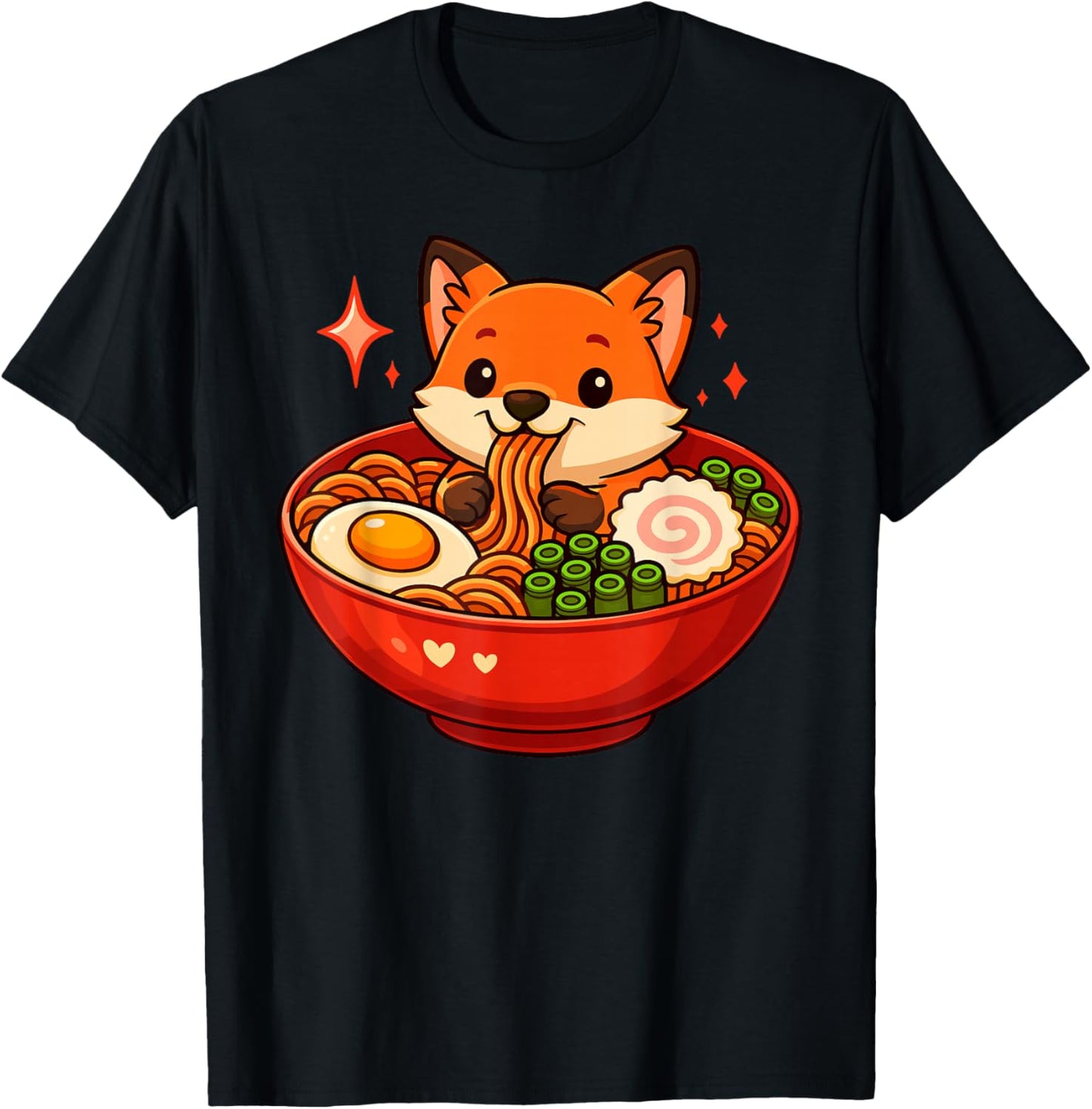 Fox with Noodles Ramen Kawaii Fox T-Shirt - T-Shirt | Black