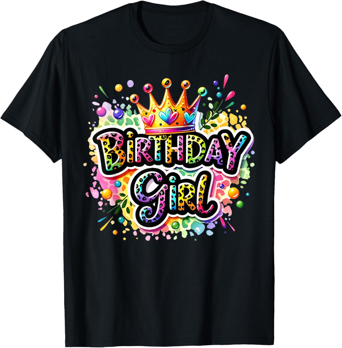 Birthday Girl Leopard Colorful Queen Crown Bday Party Family T-Shirt - T-Shirt | Black