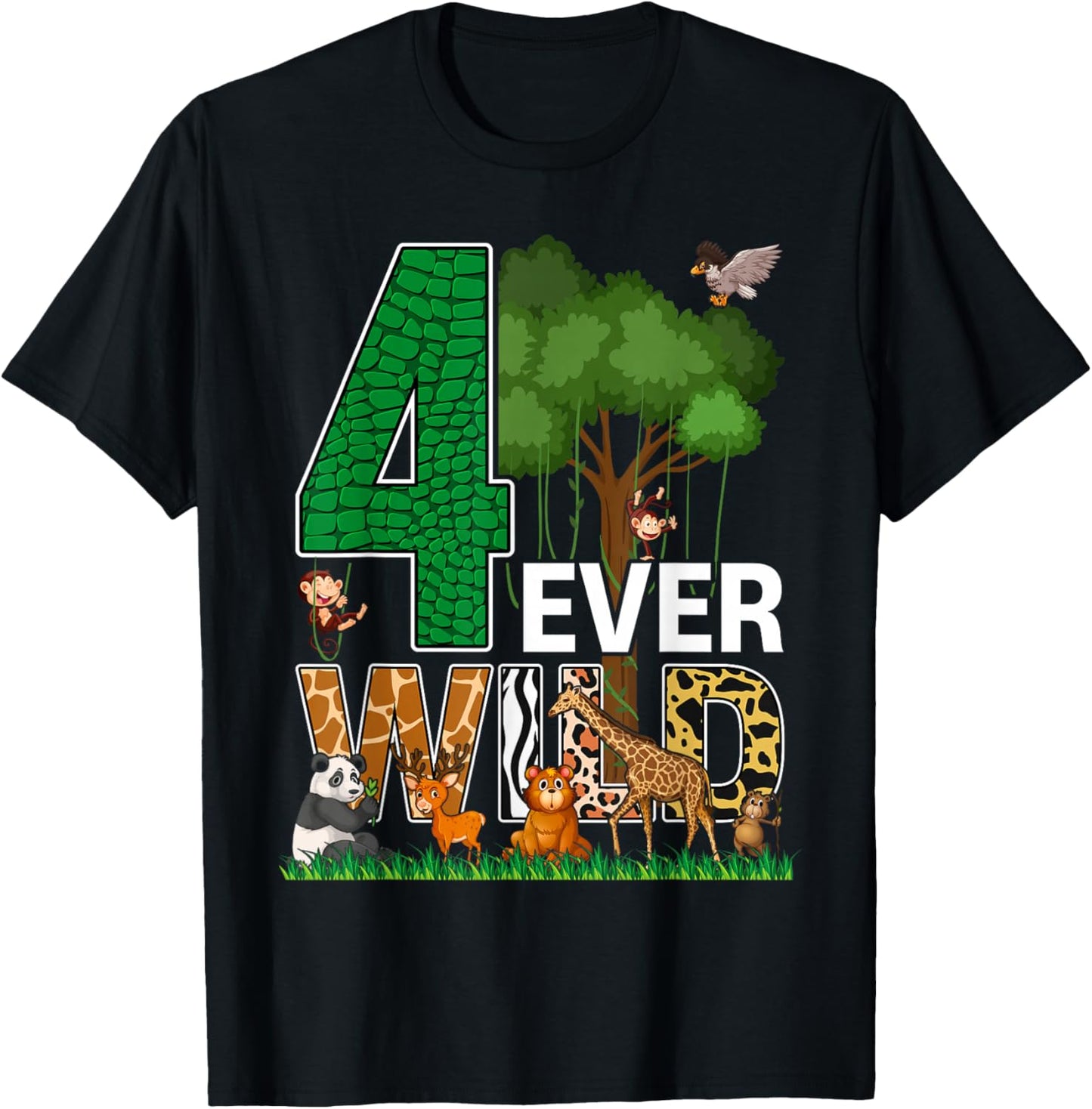 4 Ever Wild Birthday Decorations Boy Zoo 4th Birthday Party T-Shirt - T-Shirt | Black