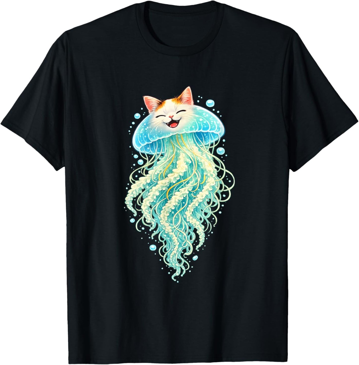 Jellyfish Cat Cute Surreal Ocean Cat Illustration T-Shirt - T-Shirt | Black