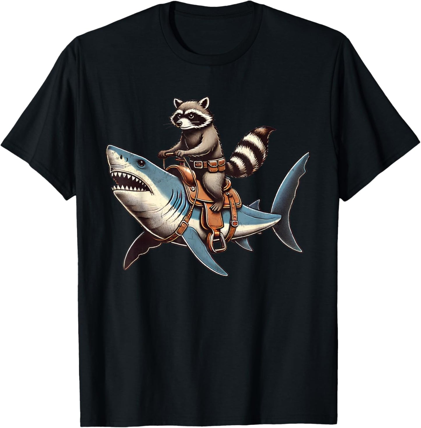 Vintage Raccoon Shark Rider Funny Retro Raccoon Riding Shark T-Shirt - T-Shirt | Black