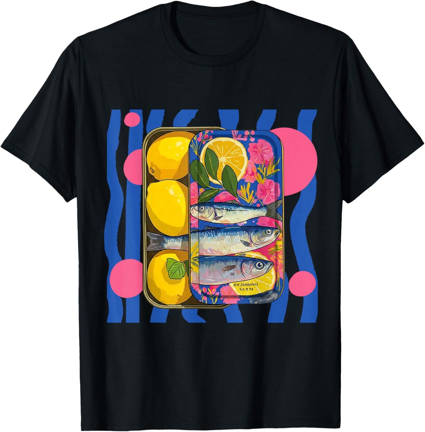 Sardine côtière colorée en étain Poisson Art avec Fleurs de Citron T-Shirt - T-Shirt | Black