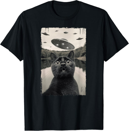 Retro Black Cat UFO Encounters - Funny UFO Black Cat Selfie Women Girls Kids T-Shirt - T-Shirt | Black