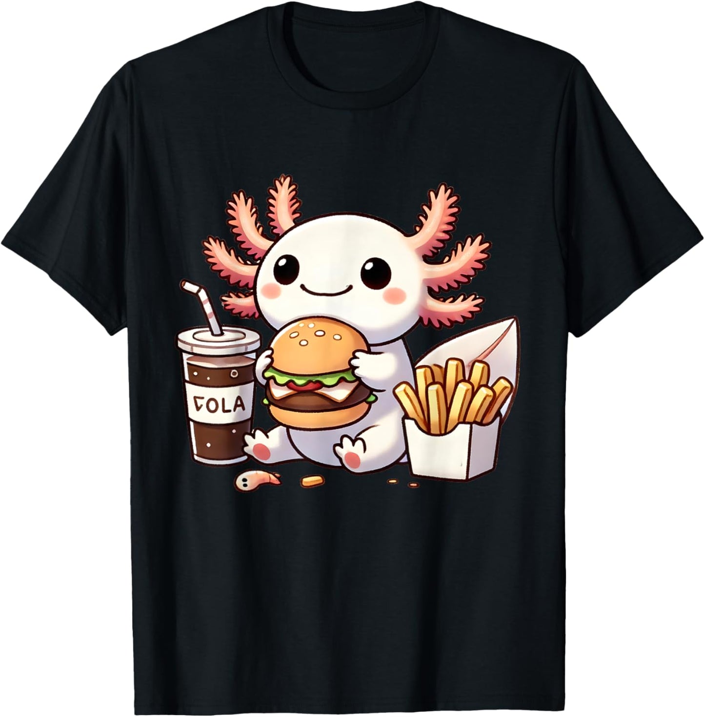 Axolotl with Burger Set, Anime Cute Kawaii Axolotl T-Shirt - T-Shirt | Black