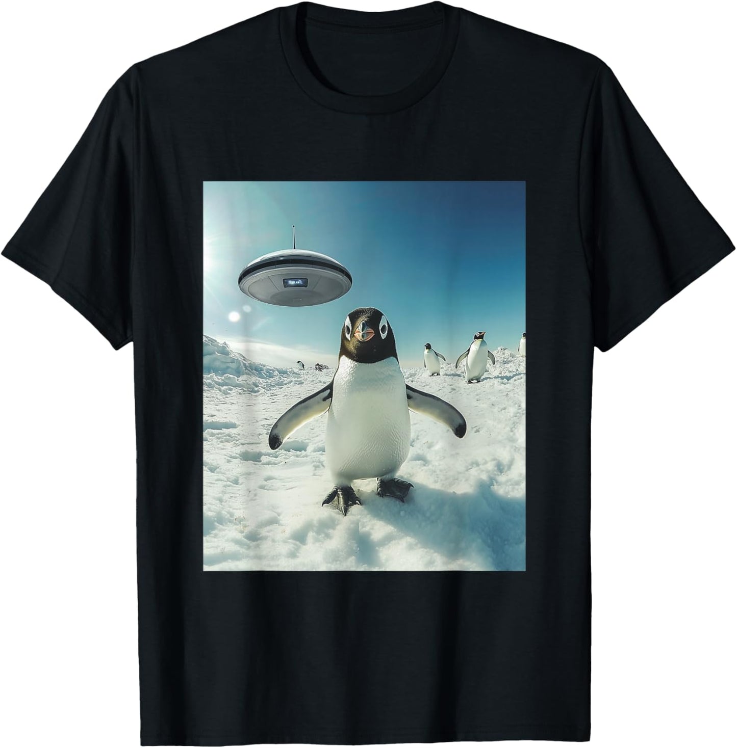 Penguin Bird Selfie with UFOs Aliens Funny Graphic T-Shirt - T-Shirt | Black
