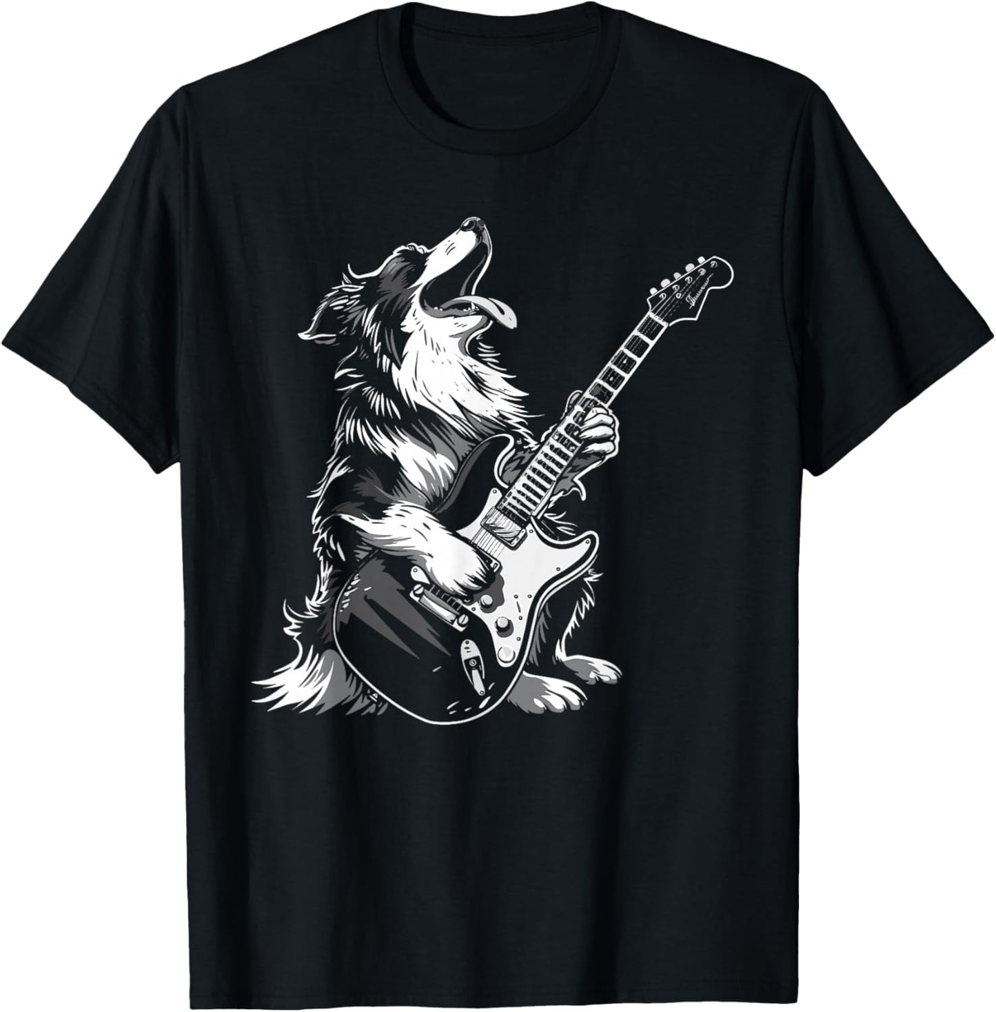Dog Guitarist Guitar - Australian Shepherd Dad Mom T-Shirt - T-Shirt | Black