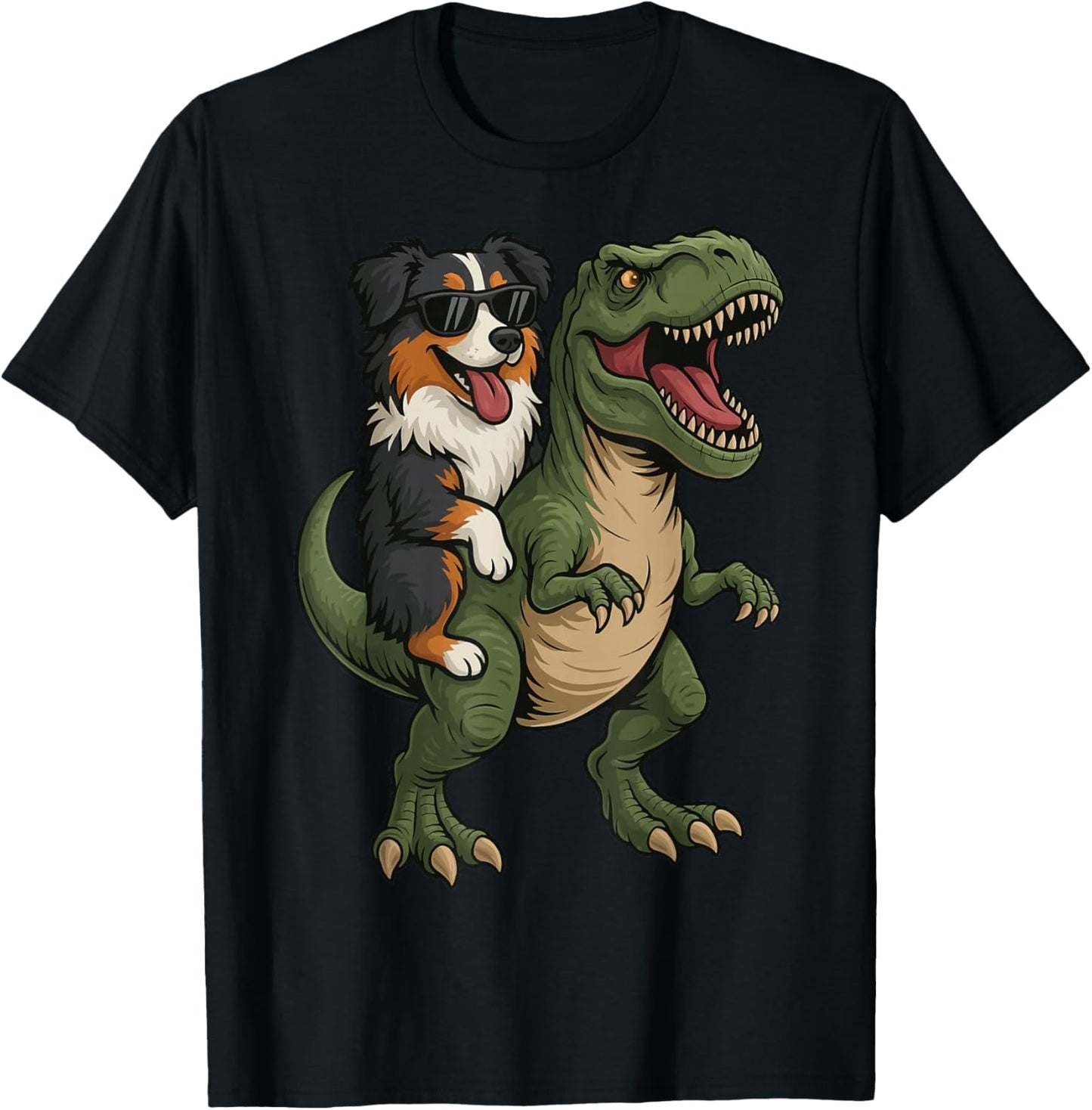 Australian Shepherd Riding T-Rex T-Shirt - T-Shirt | Black