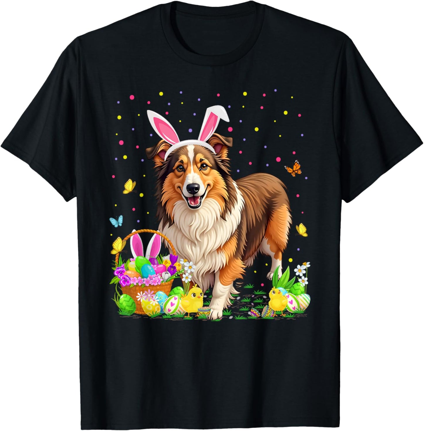 Sheltie Dog Easter Egg Hunt Bunny Ear Sheltie Easter T-Shirt - T-Shirt | Black