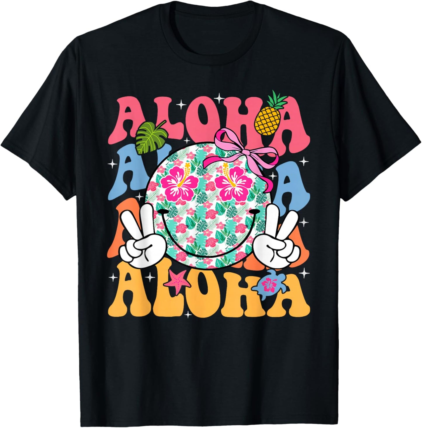 Aloha Hawaiian Cute Smile Face Shaka Hibiscus Kids Girls T-Shirt - T-Shirt | Black