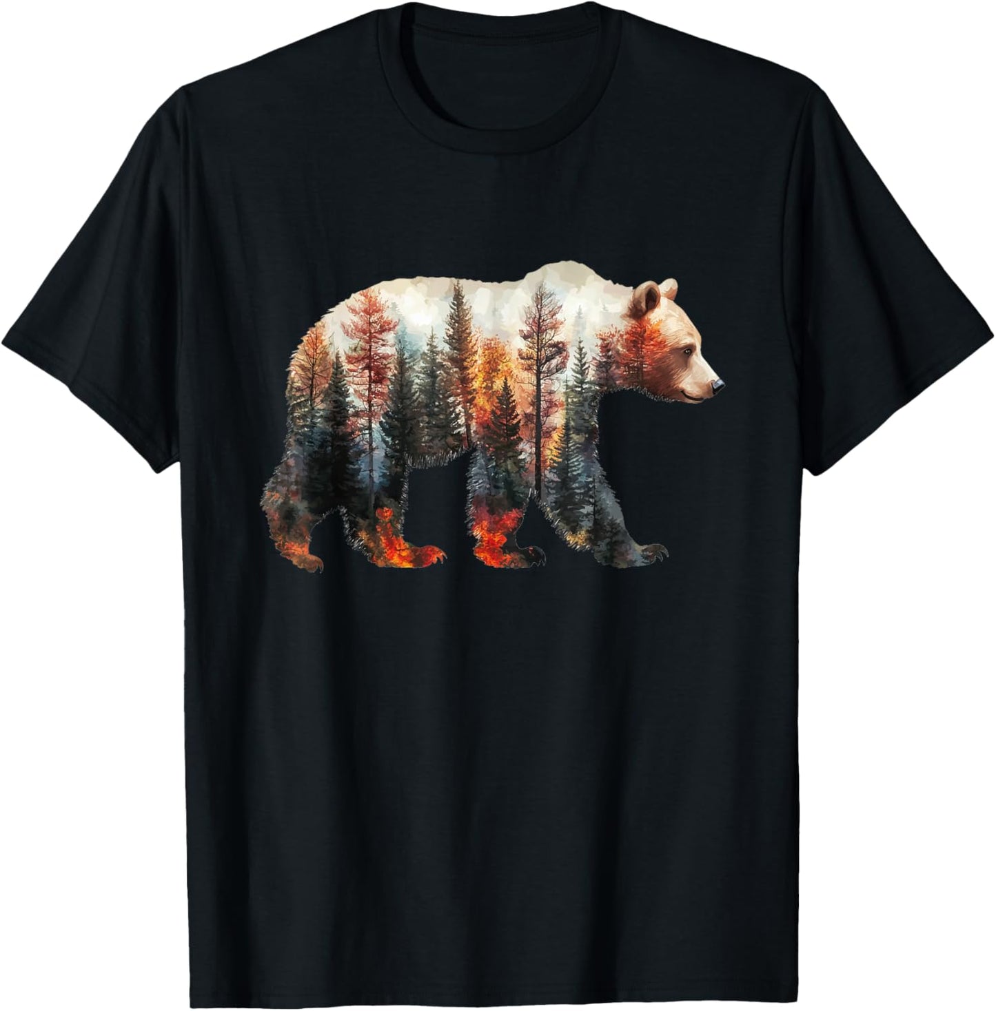 Bear Forest Mountains Trees Nature Sunset Outdoor Graphic T-Shirt - T-Shirt | Black