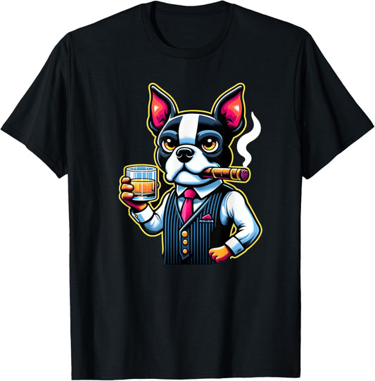 Boston Terrier dog Cigar And Whiskey Men Women T-Shirt - T-Shirt | Black