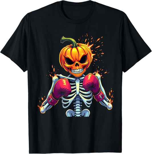 Pumpkin Head Skeleton Boxing Halloween Spooky Fighter T-Shirt - T-Shirt | Black
