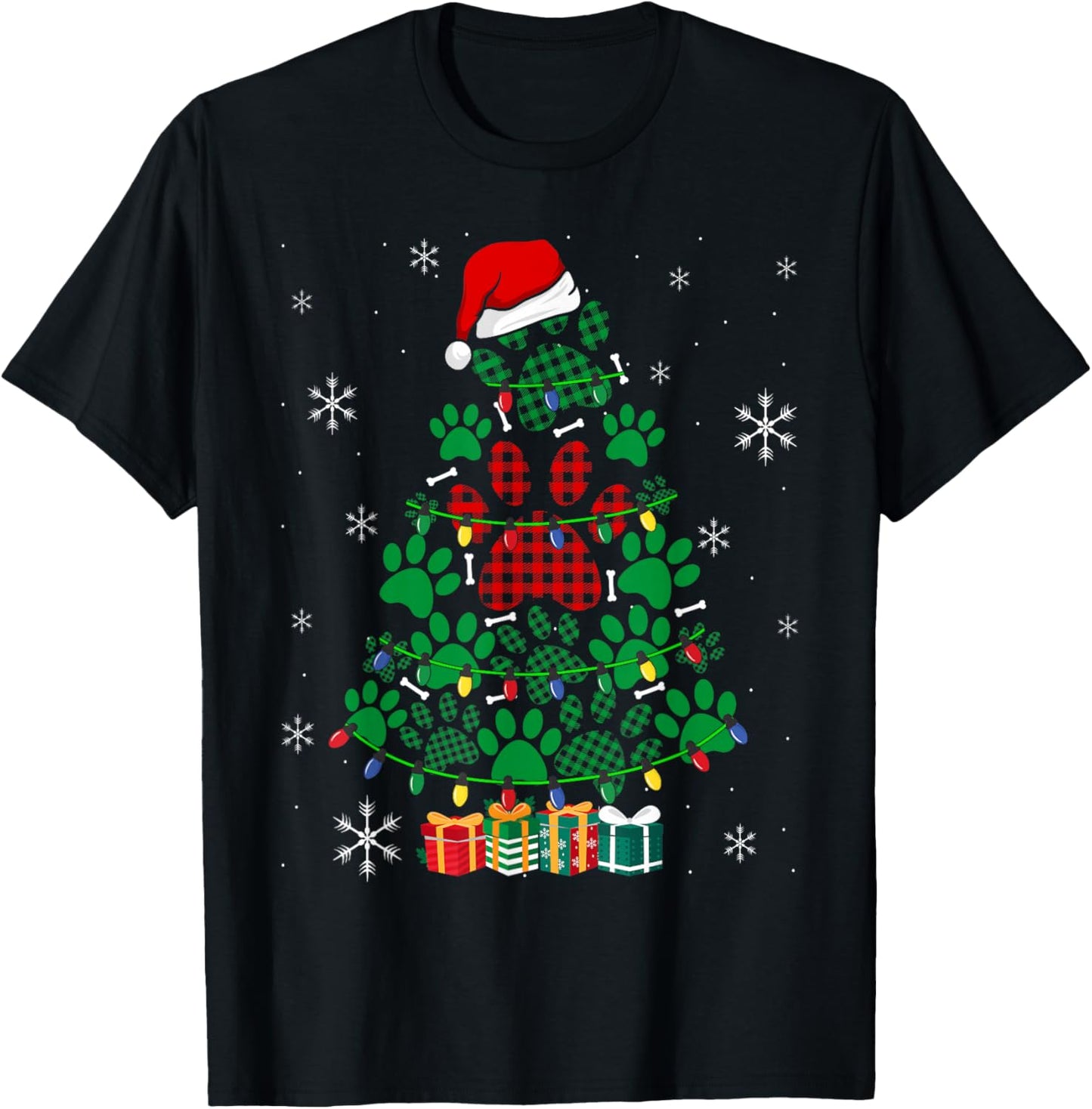 Paws Print Christmas Tree Dog or Cat with Santa Lights T-Shirt - T-Shirt | Black