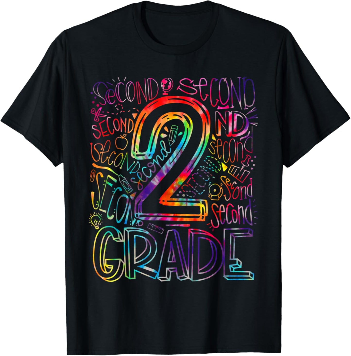 Tie Dye 2nd Grade Typography Team Second Grade Teacher Kids T-Shirt - T-Shirt | Black