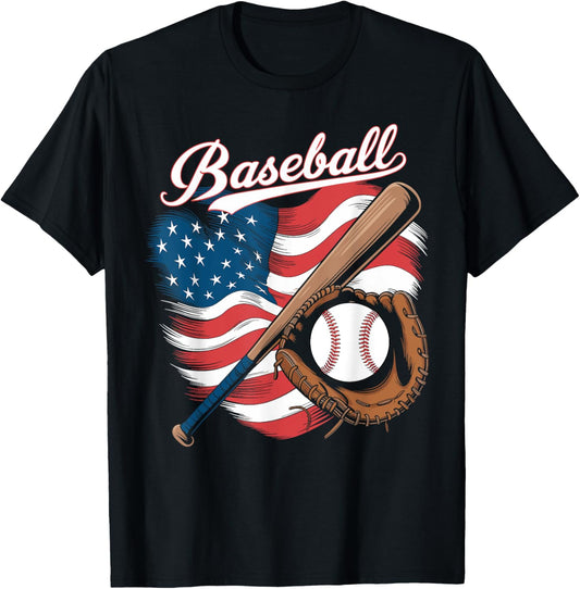 American Flag Baseball Player Bat Fan Catcher Pitcher USA T-Shirt - T-Shirt | Black
