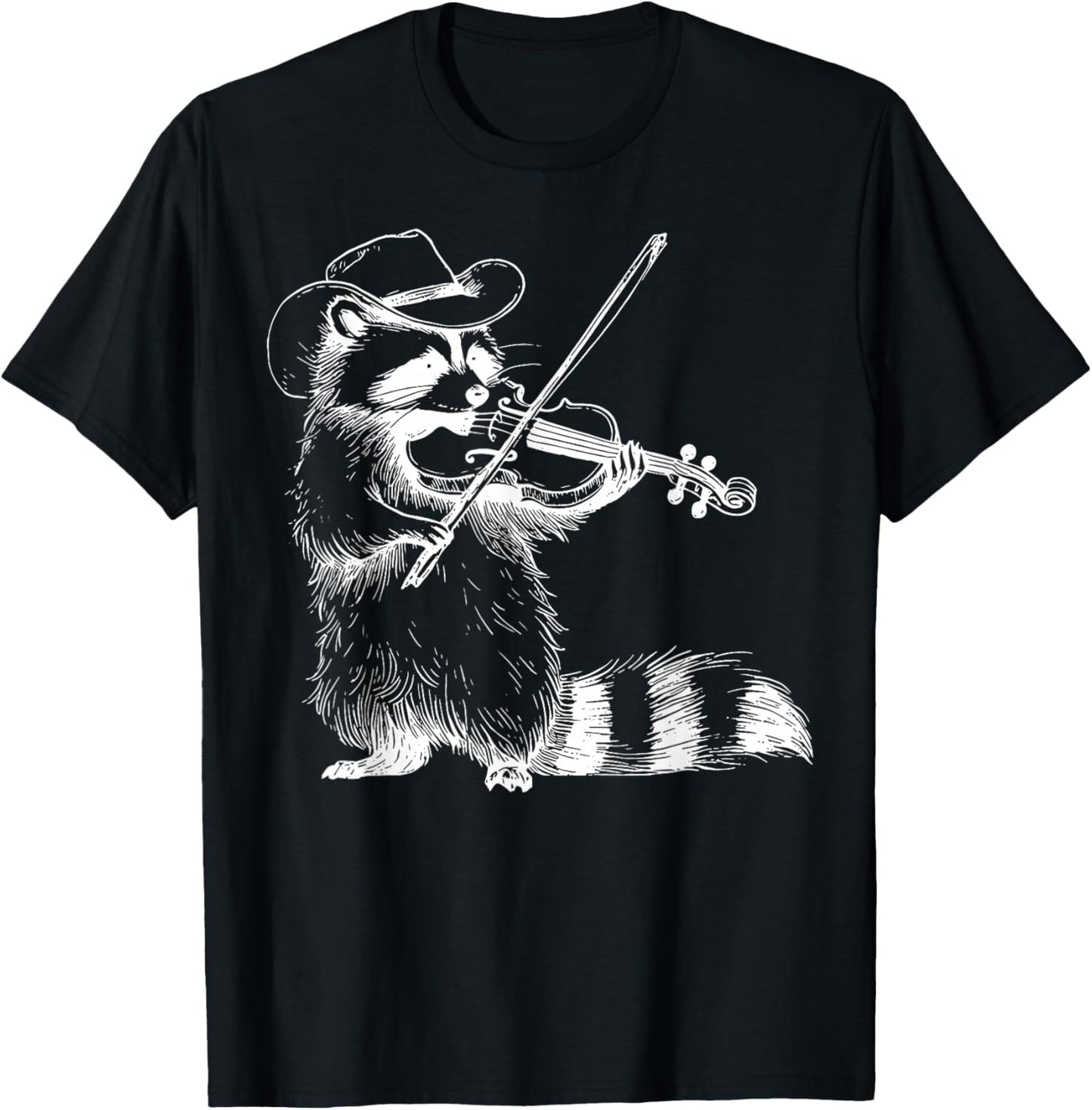 Vintage Cowboy Raccoon Playing Fiddle Violin Animal Musician T-Shirt - T-Shirt | Black