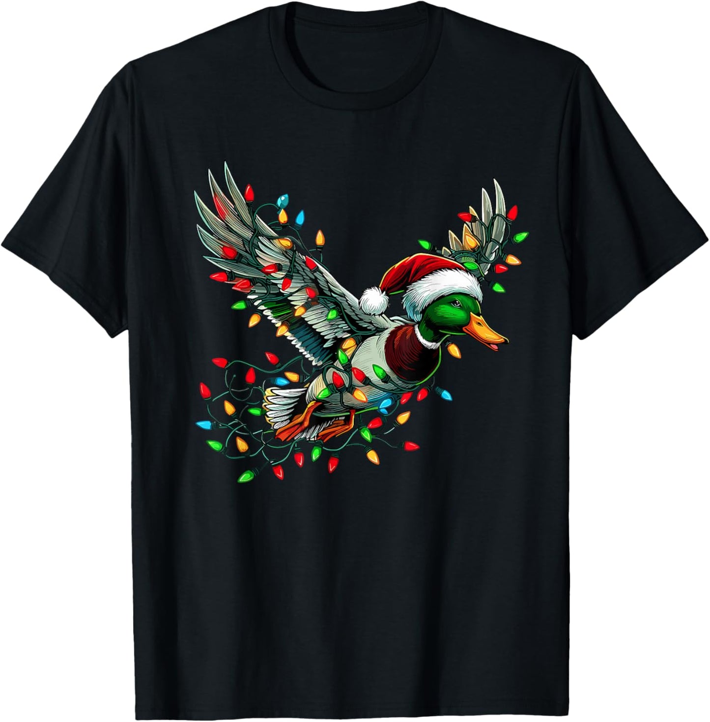 Flying Santa Duck with Christmas Lights Hunting Season T-Shirt - T-Shirt | Black