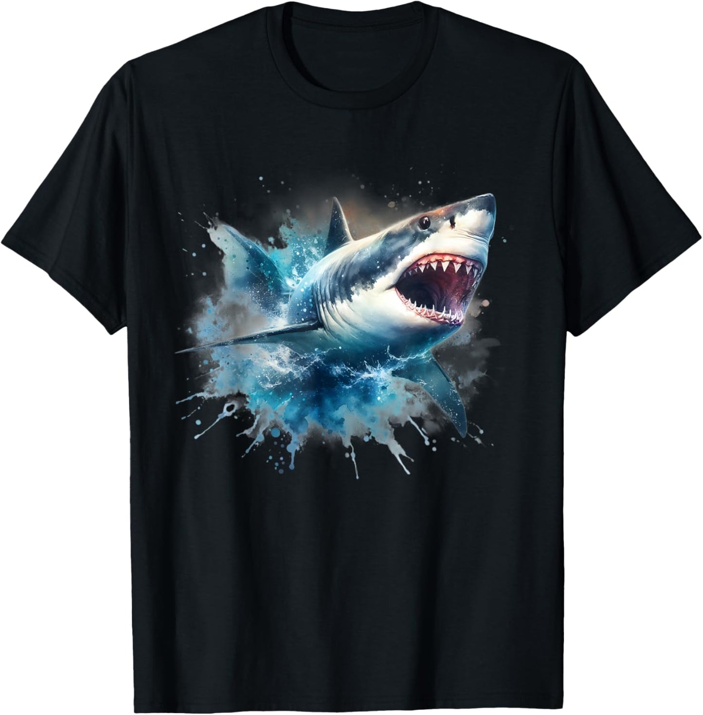 Cool Watercolor Great White Shark Open Jaw T-Shirt - T-Shirt | Black