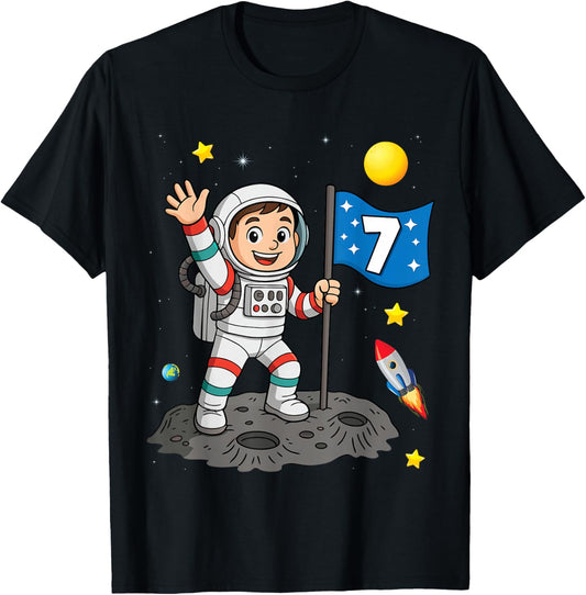 7yr 7th Boys Girls Astronaut Space Birthday 7 Years Old T-Shirt - T-Shirt | Black