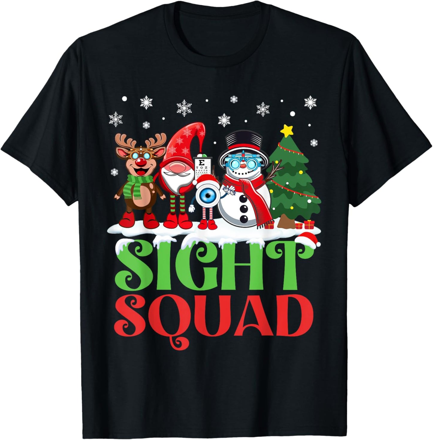 Sight Squad Reindeer Gnome Santa Funny Christmas Optometrist T-Shirt - T-Shirt | Black