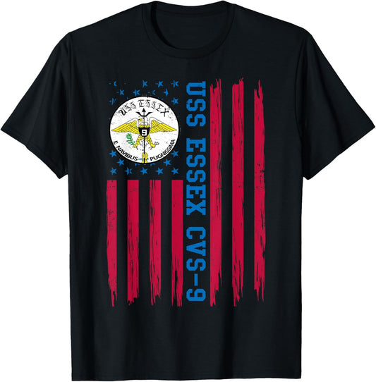 USS Essex CVS-9 American Flag Aircraft Carrier Veteran Papa T-Shirt - T-Shirt | Black