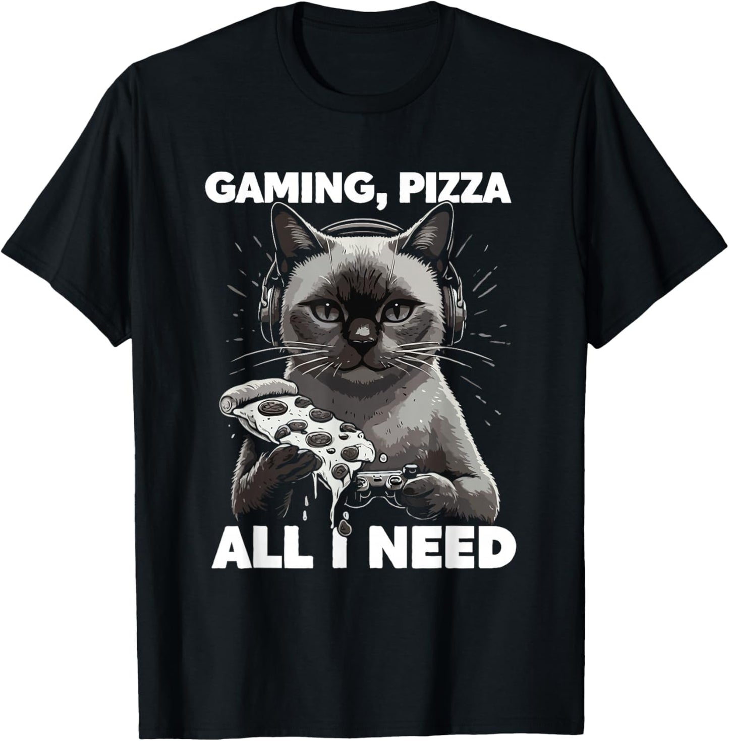 Gaming Cat with Pizza All Need Cats Lover Gamer T-Shirt - T-Shirt | Black