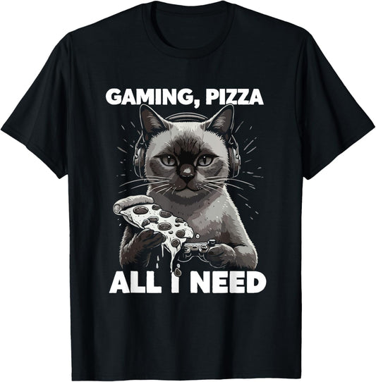Gaming Cat with Pizza All Need Cats Lover Gamer T-Shirt - T-Shirt | Black