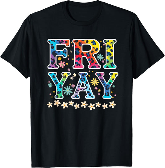 Retro Fri-Yay Friday Funny Fri Yay Teacher School Leopard T-Shirt - T-Shirt | Black