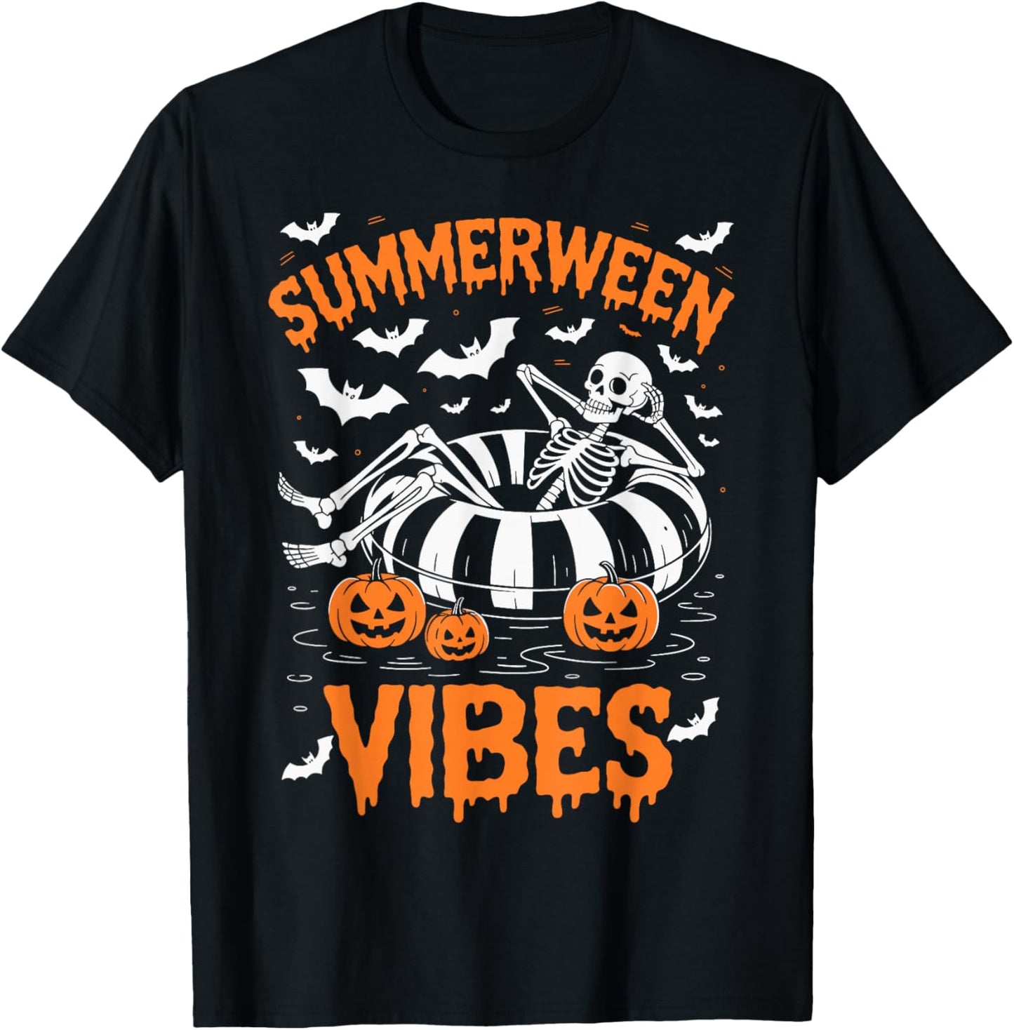 Summerween Vibes Skeleton Floating Pool Pumpkin Halloween T-Shirt - T-Shirt | Black