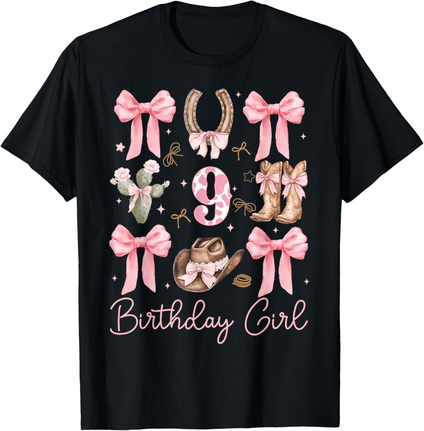 9th Birthday Girl Cowgirl Coquette Bow 9 Year Old Western T-Shirt - T-Shirt | Black
