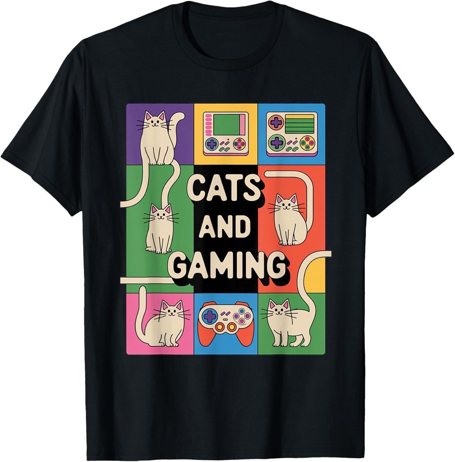 Retro Cats And Gaming Funny Cat Lover and Video Game Player Women Kids T-Shirt - T-Shirt | Black