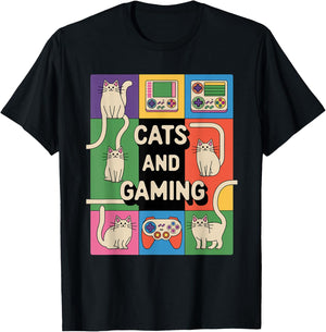 Retro Cats And Gaming Funny Cat Lover and Video Game Player Women Kids T-Shirt - T-Shirt | Black