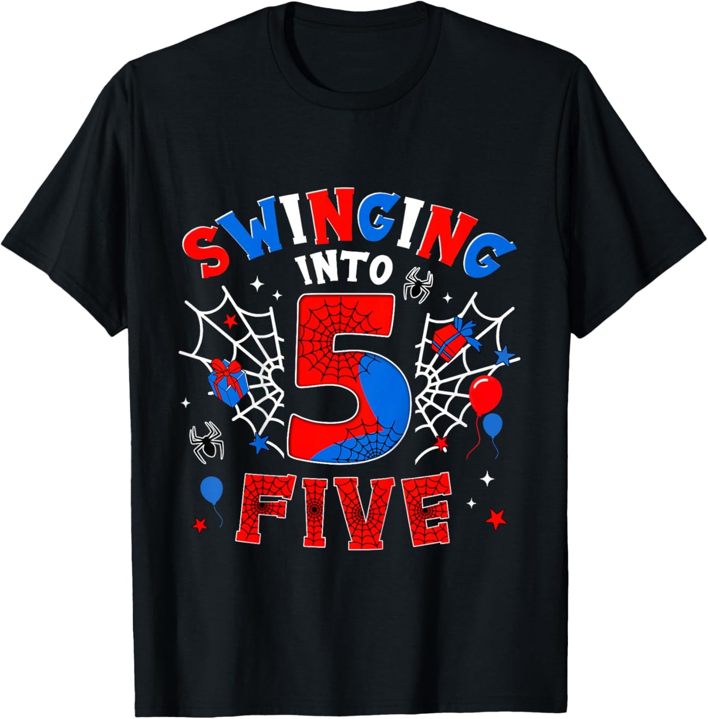 Kids Swinging Into Three 5th Birthday Spiders 5 Year Old Boys T-Shirt - T-Shirt | Black