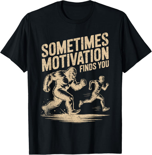 Sometimes Motivation Finds You Funny Bigfoot Running Vintage T-Shirt - T-Shirt | Black