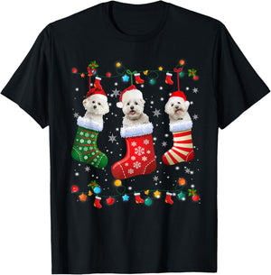 Christmas Socks Pajama Bichon Frise Dog Puppy Lover T-Shirt - T-Shirt | Black