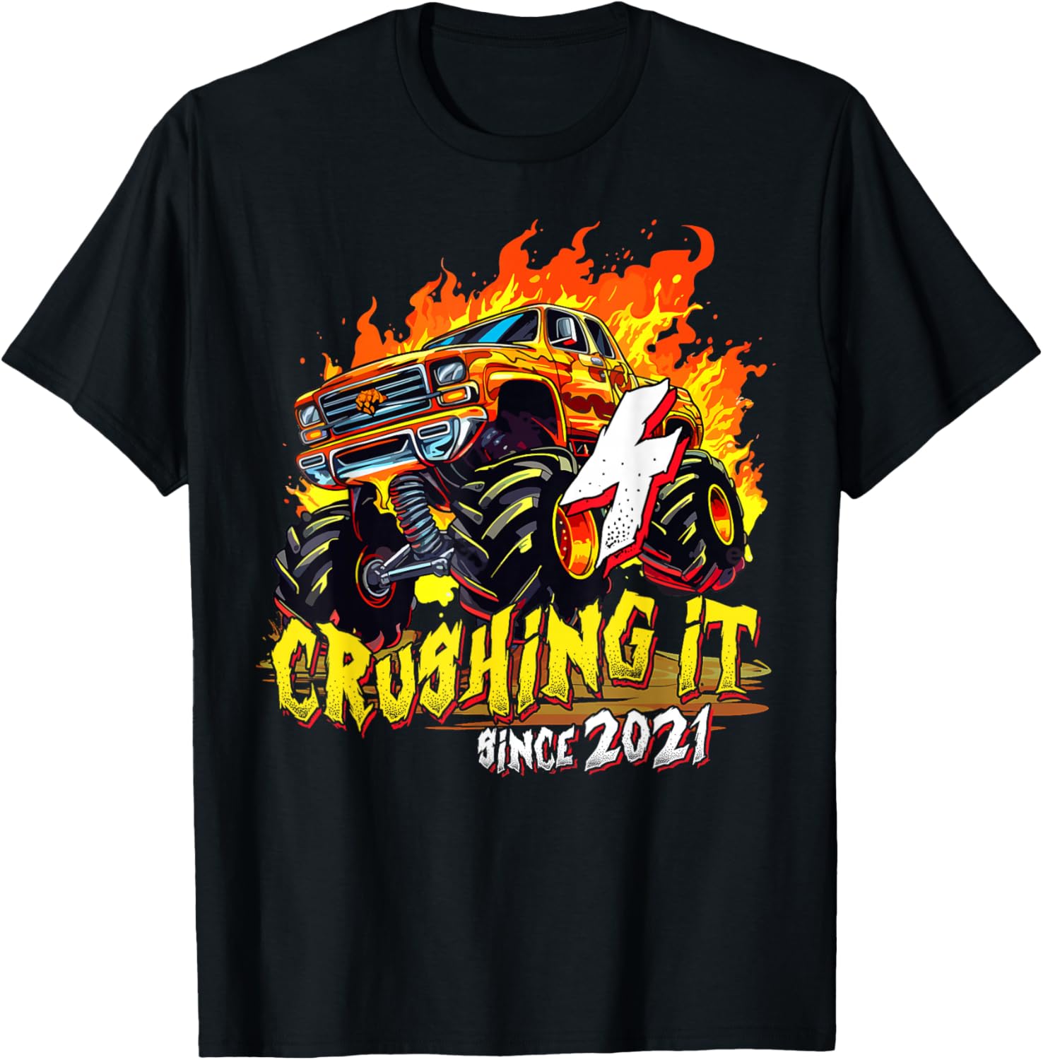 Monster Truck 4 Years Old Crushing It Since 2021 4th Bday T-Shirt - T-Shirt | Black
