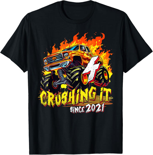 Monster Truck 4 Years Old Crushing It Since 2021 4th Bday T-Shirt - T-Shirt | Black