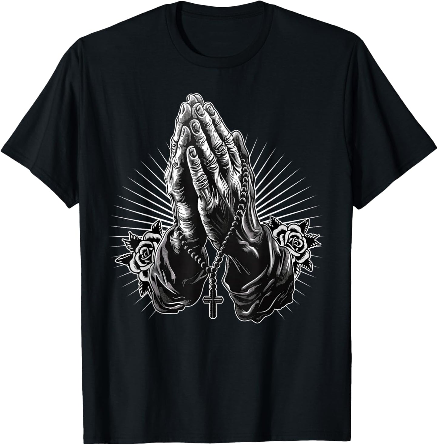 Prayer Hands Catholic Christian Chicano Tattoo Rosary T-Shirt - T-Shirt | Black