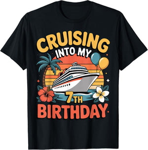 Cruising Into My 7th Birthday Girls Boy 7 Years Old Cruise T-Shirt - T-Shirt | Black