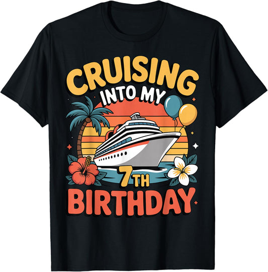 Cruising Into My 7th Birthday Girls Boy 7 Years Old Cruise T-Shirt - T-Shirt | Black