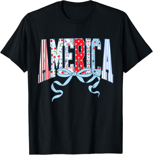 Coquette Striped Retro America Flag 4th of July Patriotic T-Shirt - T-Shirt | Black
