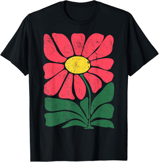 Retro Flower Folk Art - Vintage Botanical Cheerful T-Shirt - T-Shirt | Black