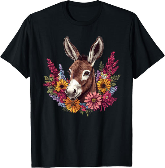 Charming Donkey With Colorful Flowers T-Shirt - T-Shirt | Black