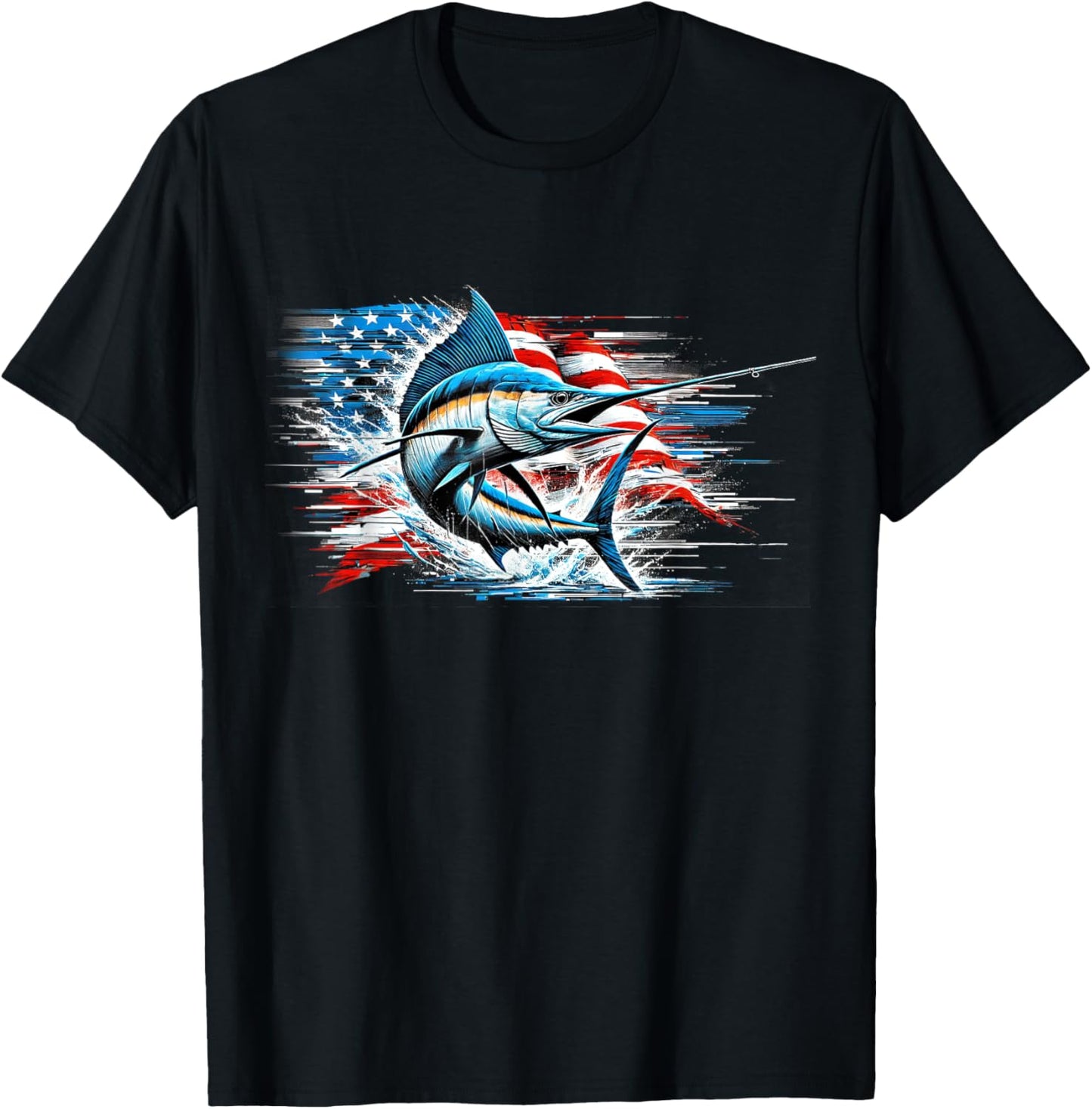 Fishing Marlin Swordfish Fish 4th of July American Flag USA Women Men T-Shirt - T-Shirt | Black
