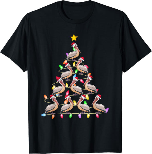 Christmas Tree Lights Men Women Santa Pelican Xmas PJs T-Shirt - T-Shirt | Black