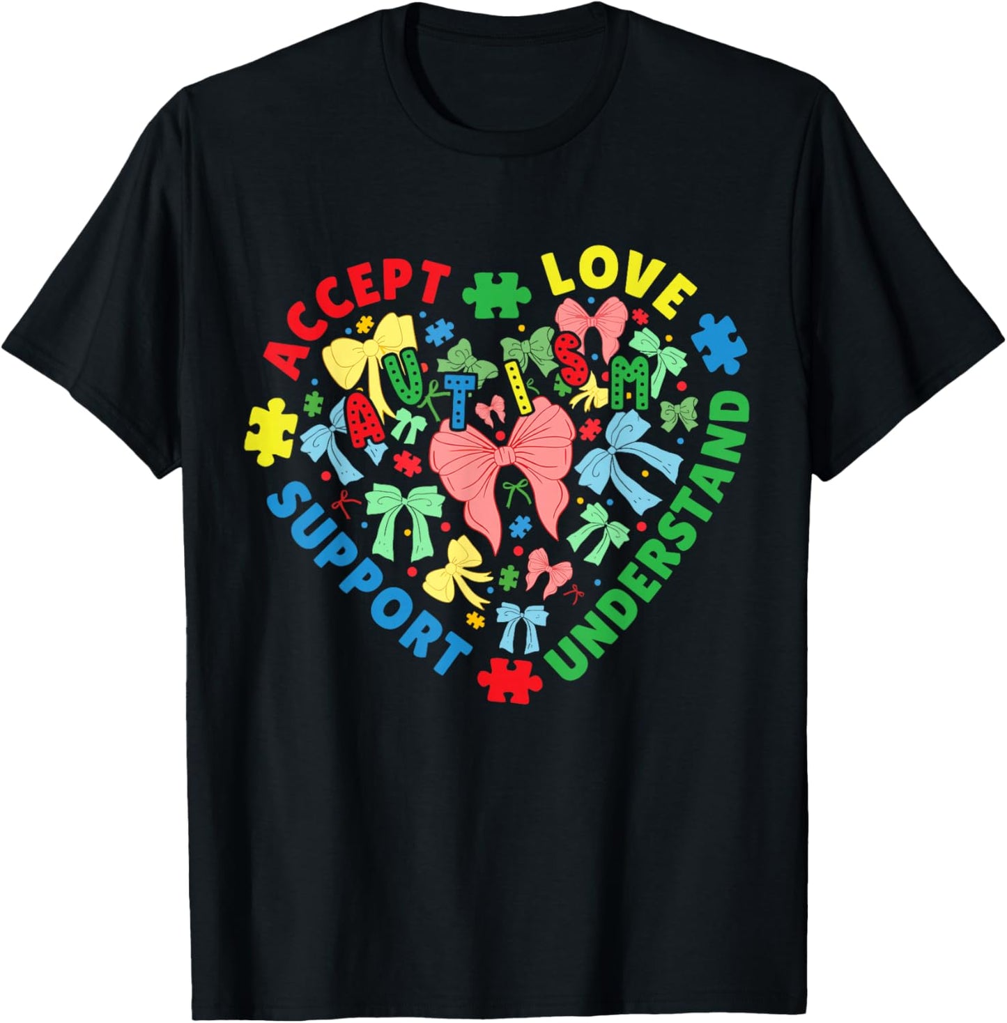 Autism Awareness Heart Coquette Bow Autism Support Women T-Shirt - T-Shirt | Black